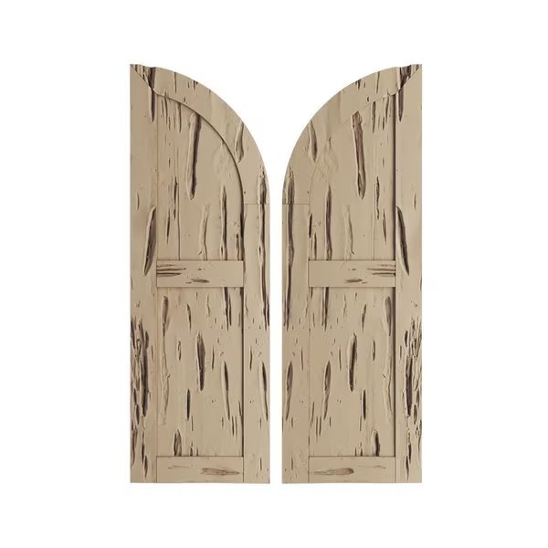 Pecky Cypress 2 Equal Flat Panel w/Quarter Round Arch Top Faux Wood Shutters, 12